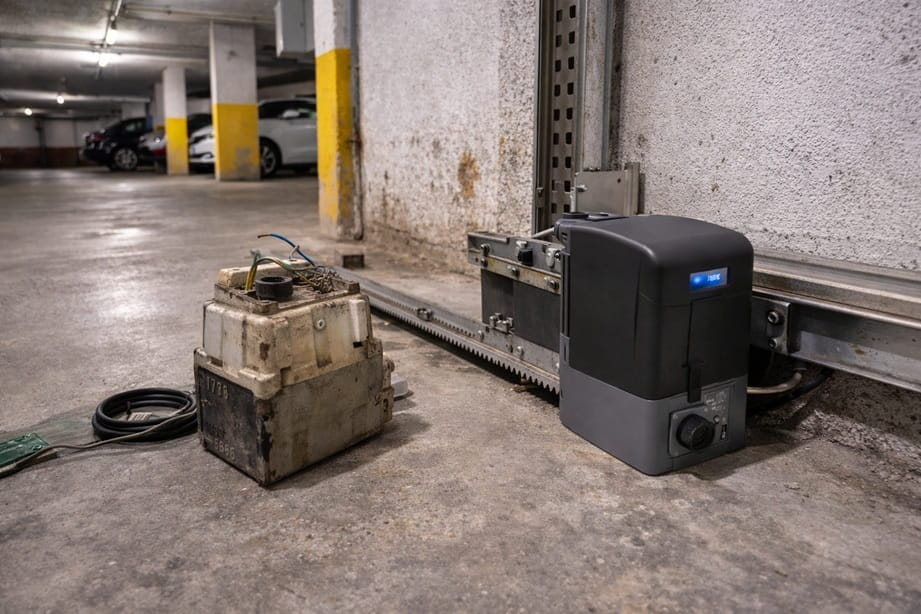 Motor antiguo de puerta automatica sustituido en garaje de Valladolid