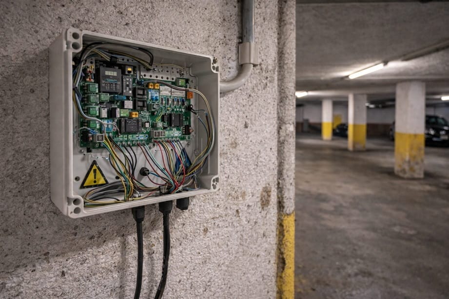 Cuadro de maniobra de puerta automatica abierto para revision en Valladolid