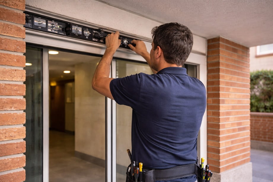 Tecnico de puertas automaticas trabajando en Valladolid de espaldas