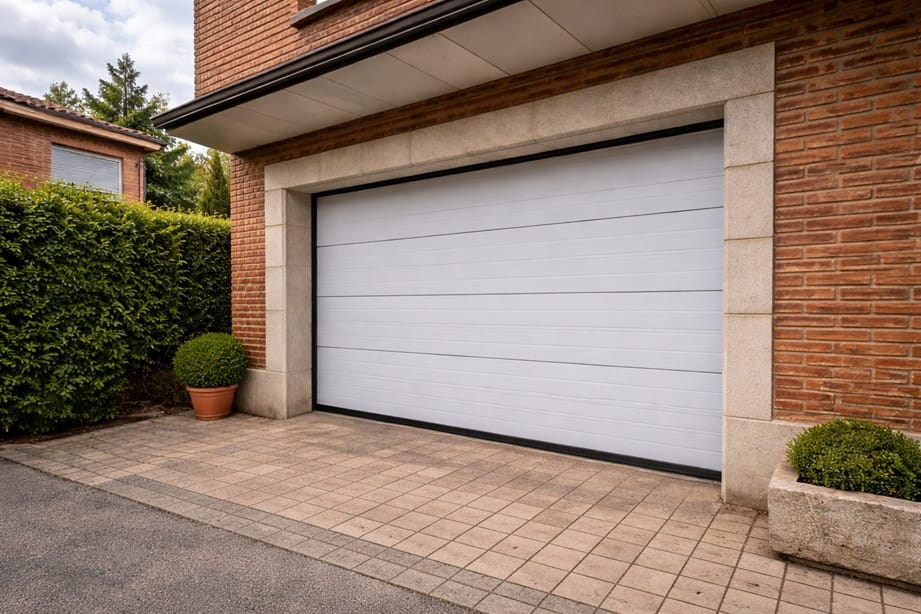 Puerta automatica de garaje en vivienda residencial de Valladolid con fachada de ladrillo